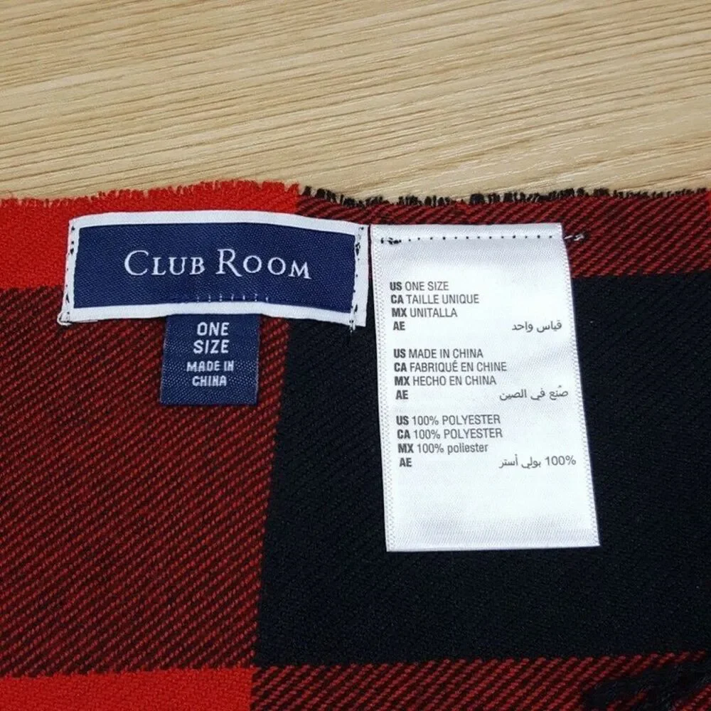 CLUB ROOM Mens Scarf Red Black Buffalo Plaid Fringe Rectangle Soft Knit 70x14